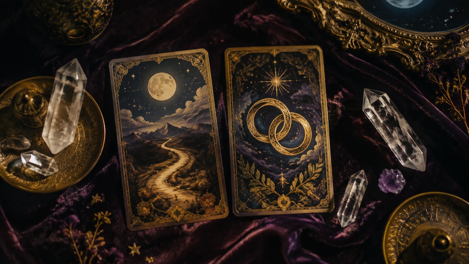 Cartes symboliques et cristaux pour un tirage de tarot