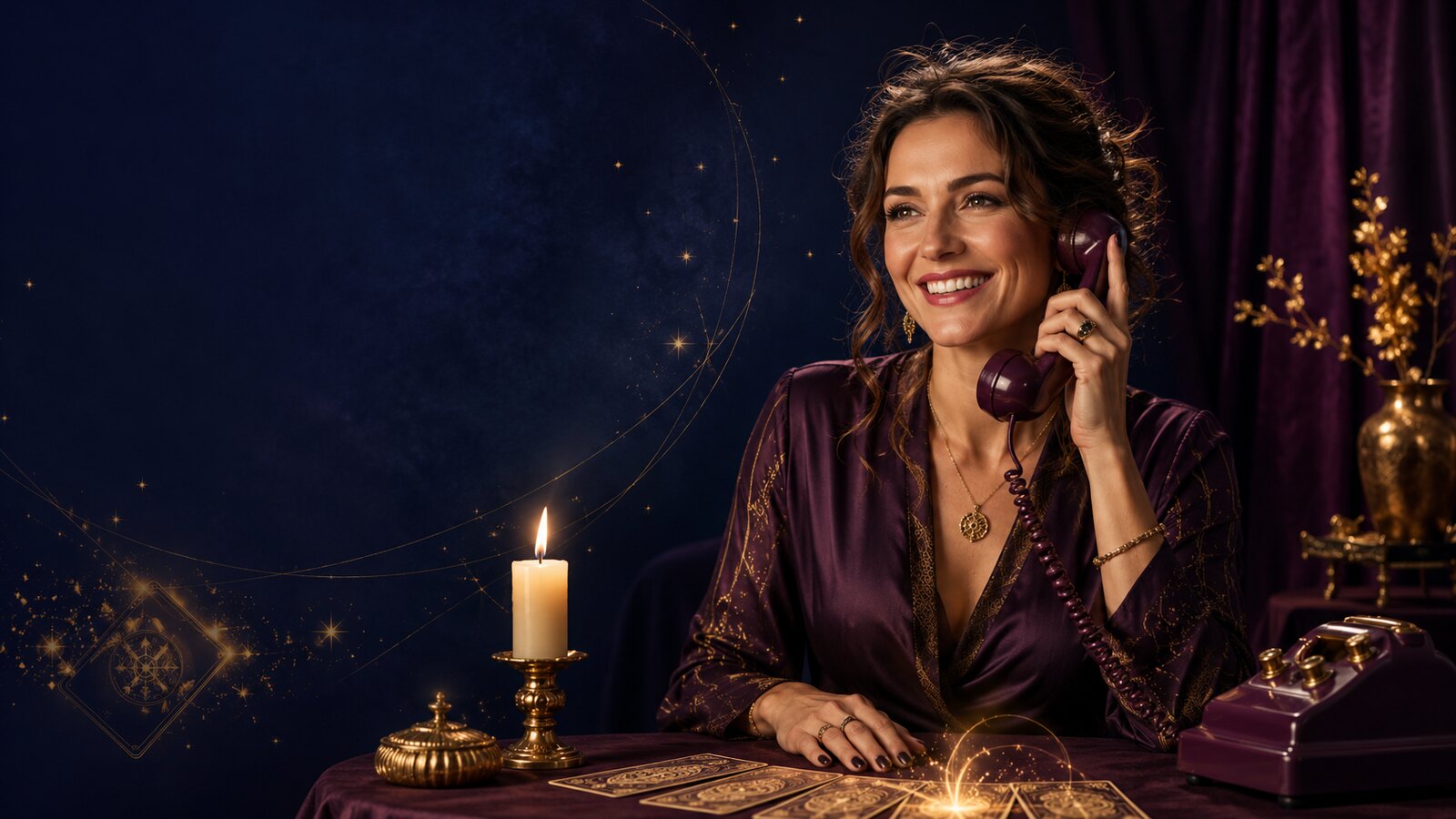 Voyante souriante en consultation téléphonique